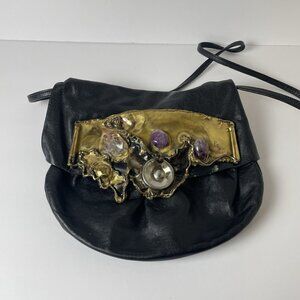 Vintage Unbranded Black Leather Brutalist Purse Copper Brass Amethyst Statement
